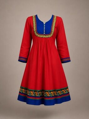 RAUNAK Red Multicolor Embroidered Midi Dress by Subhai Apparel